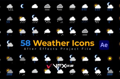 58款经典阴晴雨雪天气预报图标动画AE模板 Weather IconsAE模板