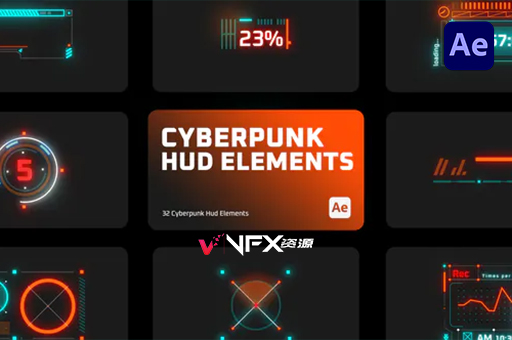32个未来赛博朋克HUD元素动画AE模板 Cyberpunk HUD ElementsAE模板