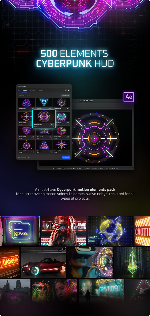 AE脚本-523个HUD科技感赛博朋克霓虹发光UI元素图形动画Cyberpunk HUD Elements for After EffectsAE脚本、精品推荐