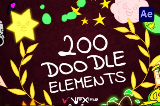 200种创意卡通涂鸦元素动画AE模板 Doodle ElementsAE模板