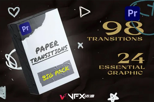 撕纸拼贴视频定格转场动画PR模板 Paper Transitions Big PackPR模板