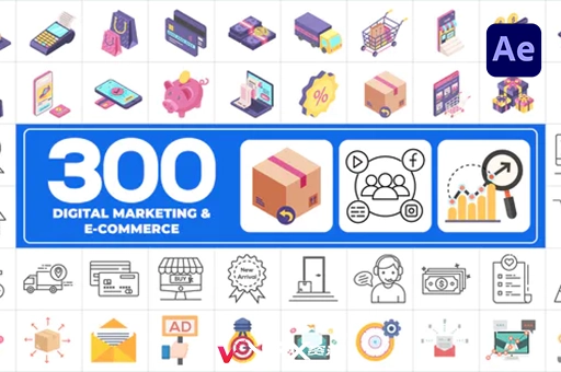 300个数字营销MG动画图标包AE模板300 Icons Pack – Digital MarketingAE模板、模板、素材