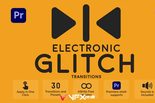 30种电子故障失真转场过渡效果PR模板Electronic Glitch TransitionsPR模板