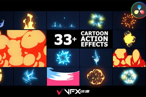 达芬奇模板-33个卡通能量火焰烟雾爆炸元素MG特效动画 Cartoon Action Effects | DaVinci Resolve模板、达芬奇模板