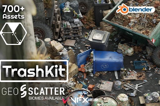 Blender预设-多种生活垃圾堆瓶罐纸箱铁桶废品3D模型 Trash Kit – 3D AssetkitBlender预设、预设