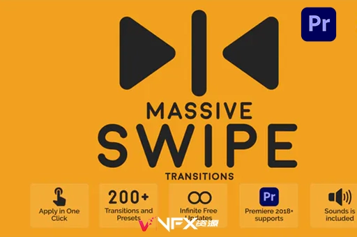 200个视频模糊拉伸无缝转场预设PR模板 Massive Swipe TransitionsPR模板、PR预设、模板