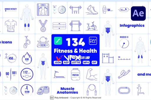 AE模板-健康运动图标动画矢量动图视频素材 Fitness And Health Lottie PackAE模板、模板