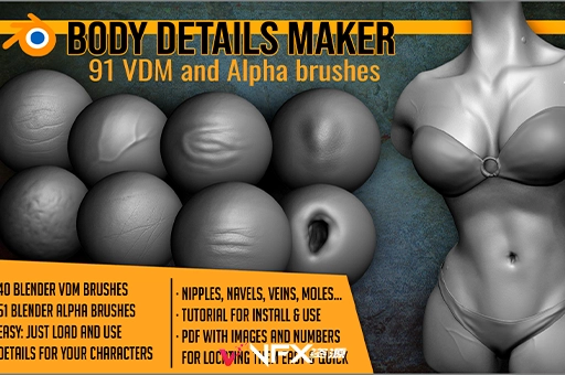 Blender预设-人物身体纹理笔刷资产 Body Details Vdm Brushes For BlenderBlender预设、预设