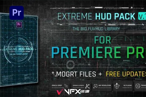 600个科技感UI界面元素HUD图形动画PR模板 Extreme HUD Pack For Premiere ProPR模板、模板