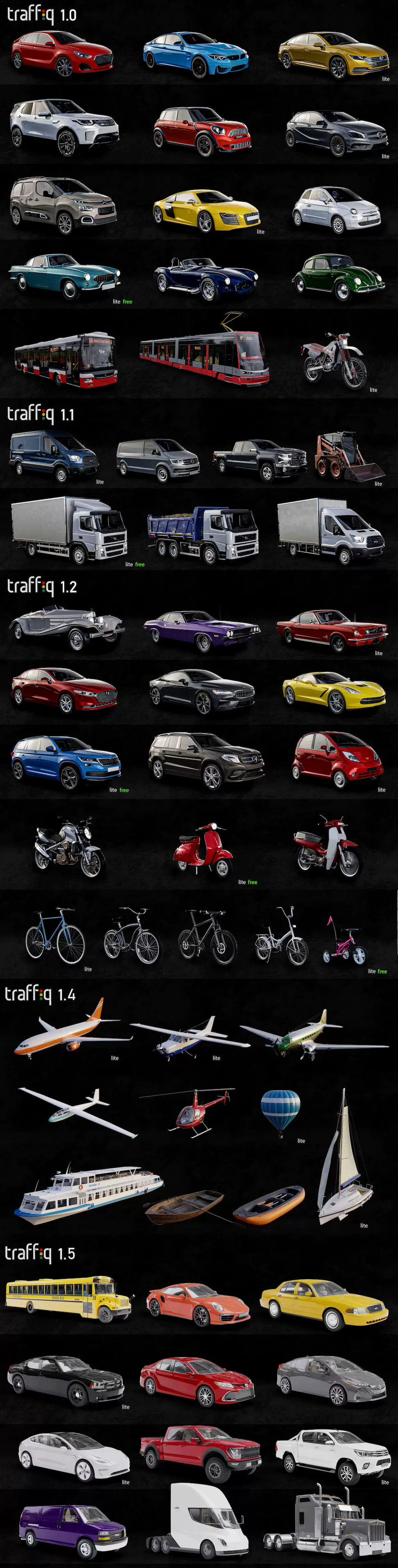 Blender插件-汽车摩托车飞机交通工具模型 Car – Traffiq Library – Rigged Cars v1.7.1Blender插件