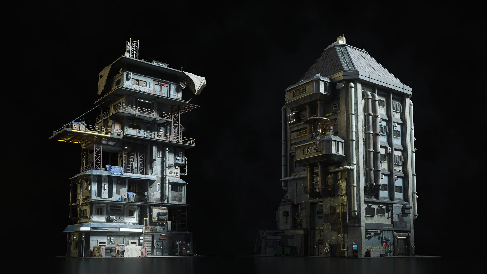 3D模型-末世贫民区破旧楼房建筑街道公共设施模型 KitBash3D – Future Slums 2 （FBX/Unreal格式）3D模型、素材