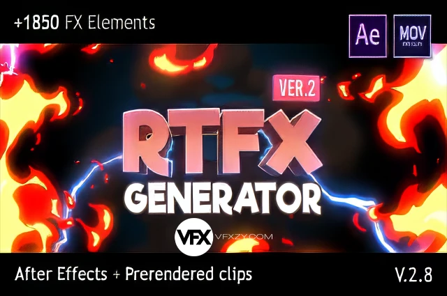 AE脚本-1850种手绘动漫雷电能量爆炸游戏火焰烟雾流体MG动画元素 RTFX v2.8.1+视频素材