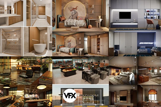 Blender室内场景卧室厨房客厅餐厅资产3D模型合集包